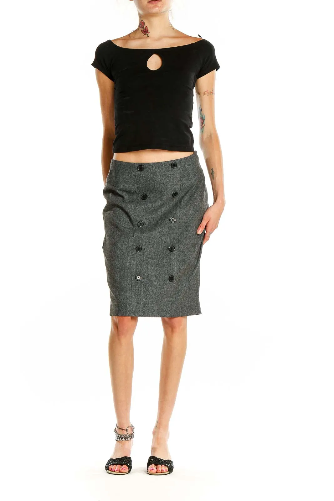 Gray Double-Breasted Pencil Skirt