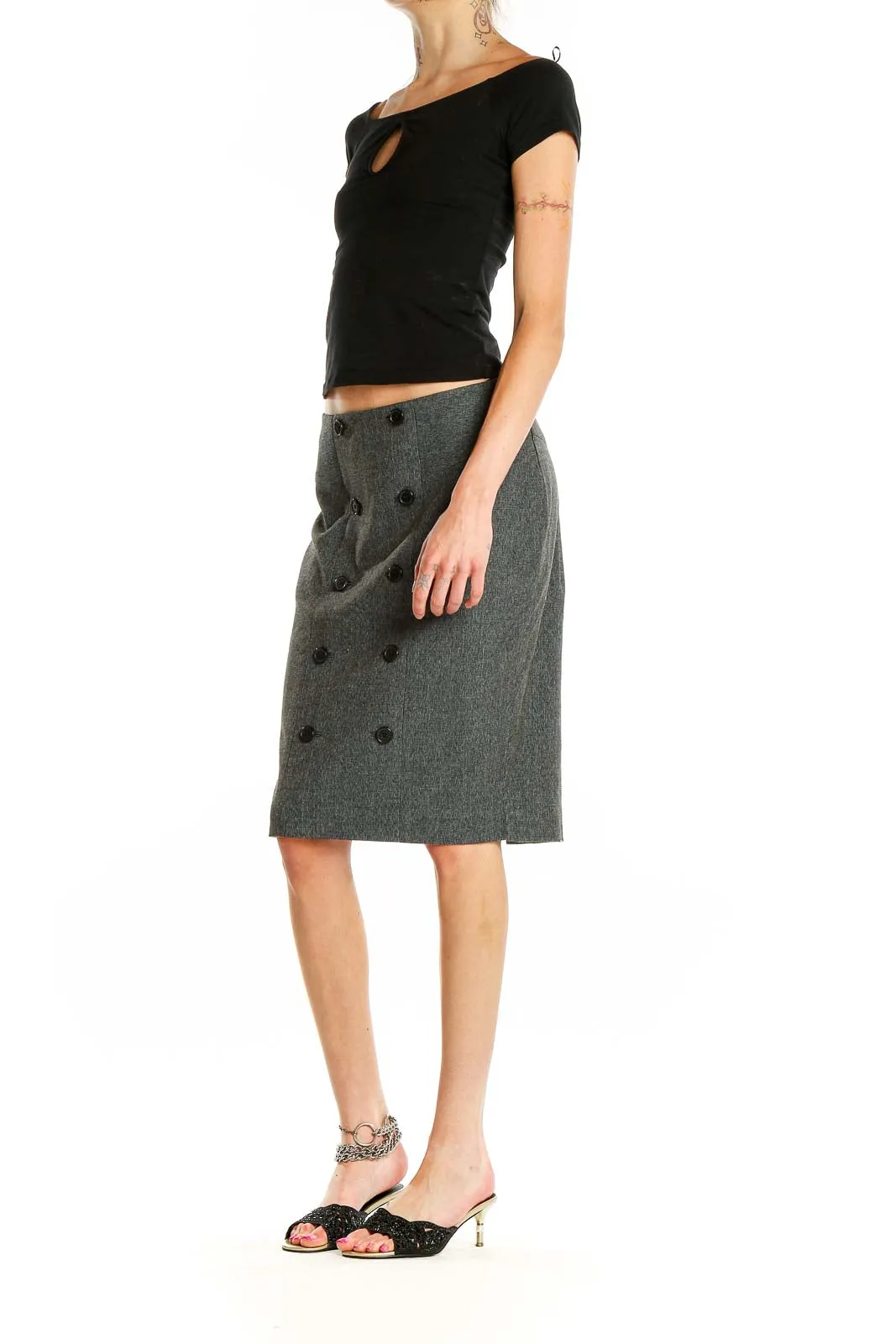 Gray Double-Breasted Pencil Skirt