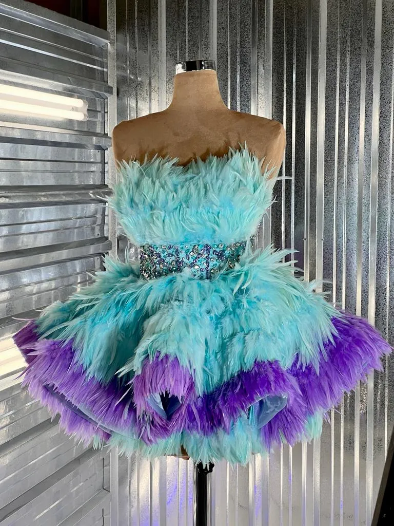 Melanie  Beautiful Blue Feather Evening Dress