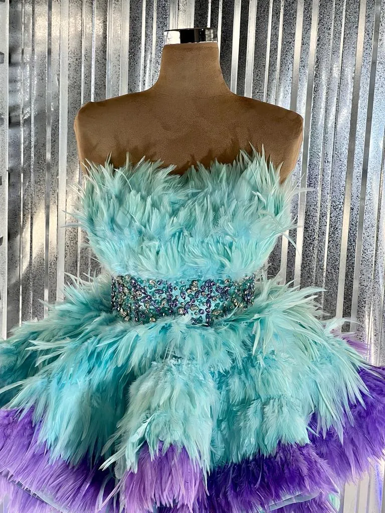 Melanie  Beautiful Blue Feather Evening Dress
