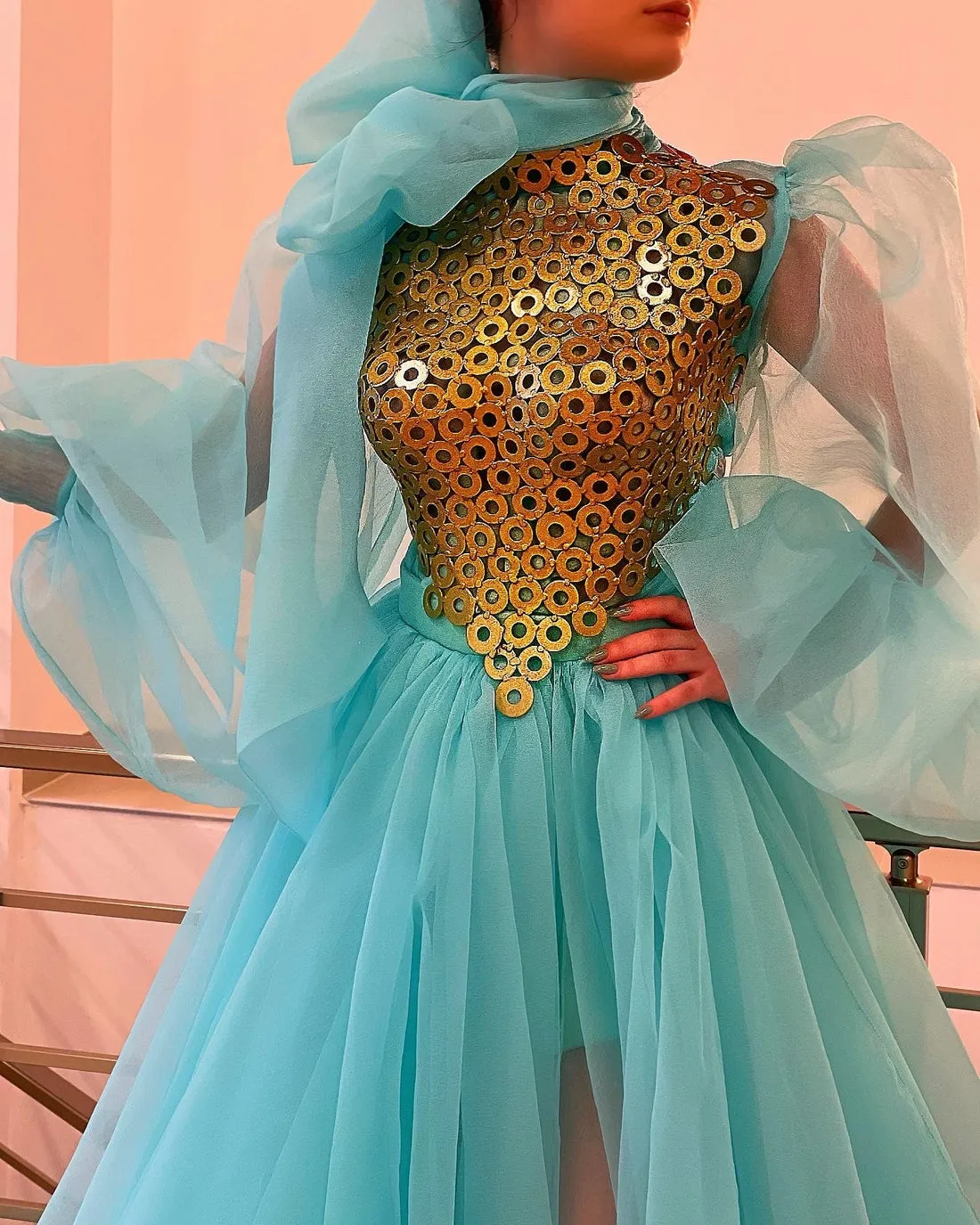 Melany Beautiful Blue with Golden Neck Evening Dress