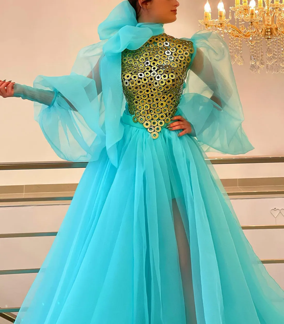 Melany Beautiful Blue with Golden Neck Evening Dress