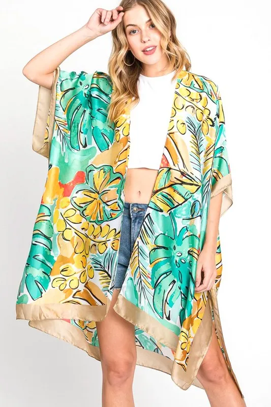 Tropical Leaf Print Silky Kimono