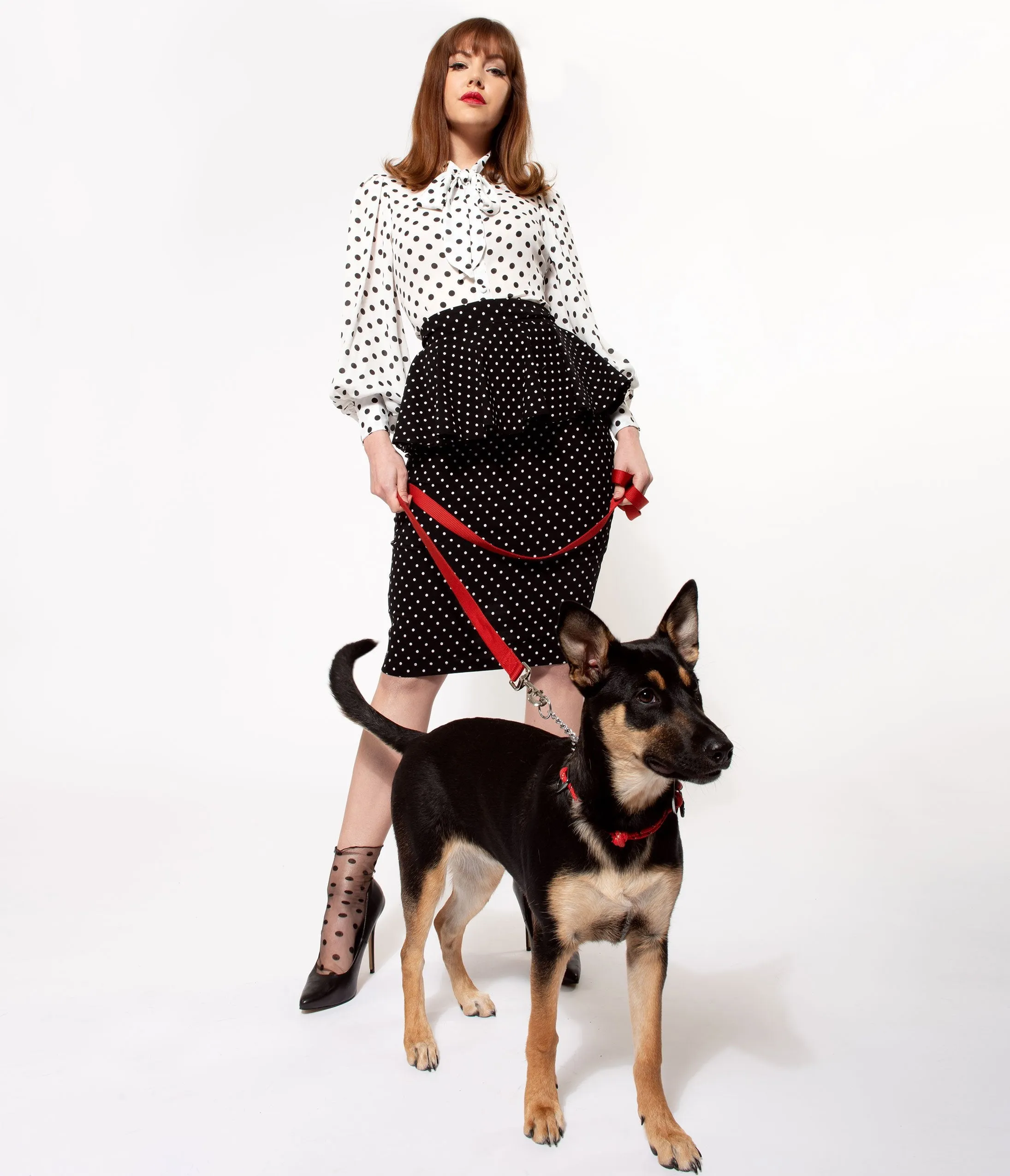 Unique Vintage 1940s Black & White Pin Dots Peplum Boulevard Pencil Skirt