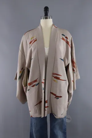 Vintage Silk Kimono Cardigan Jacket / Taupe Watercolor