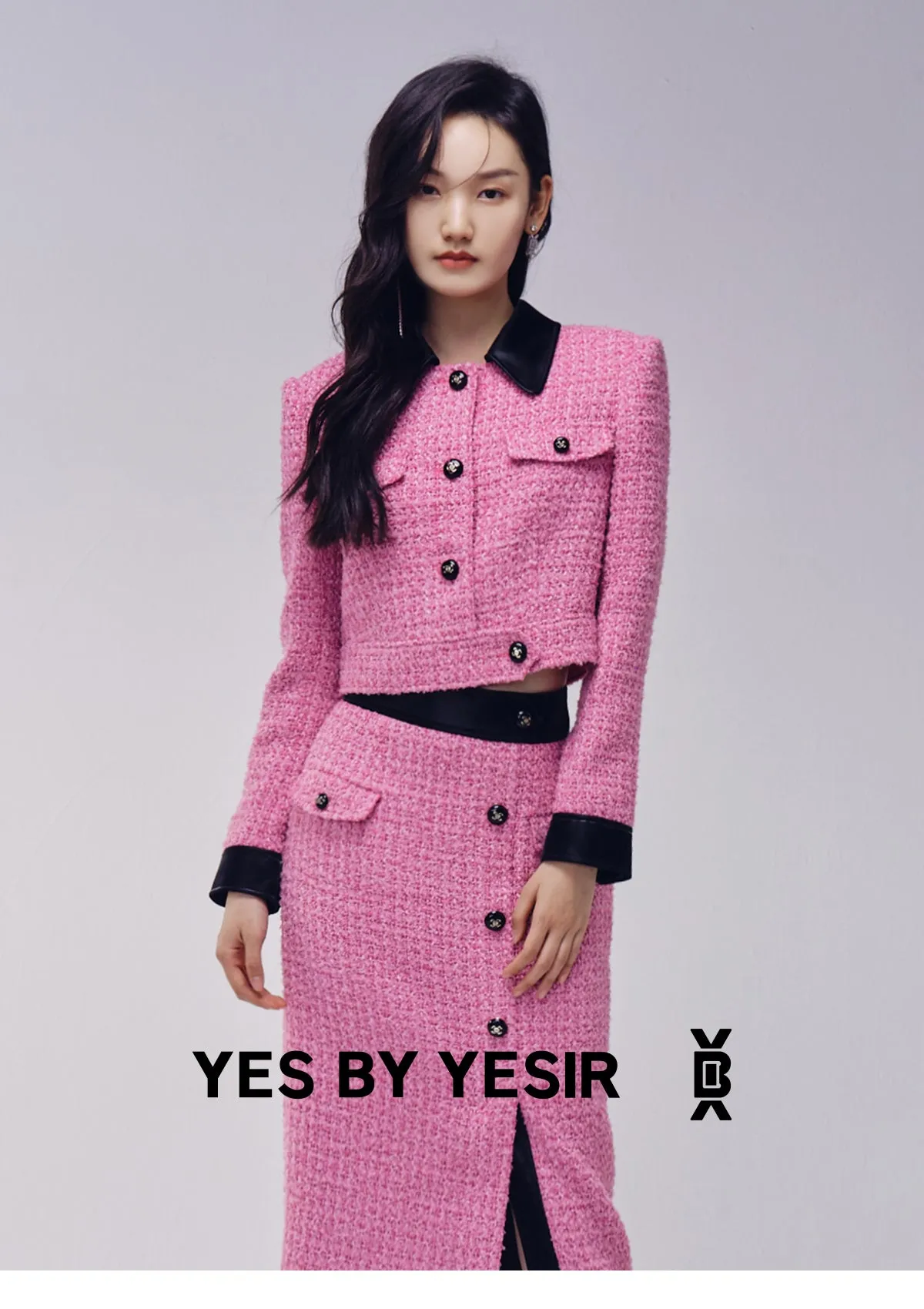 YES by YESIR Barbie pink autumn winter short jacket mini pencil skirt- Tiggan