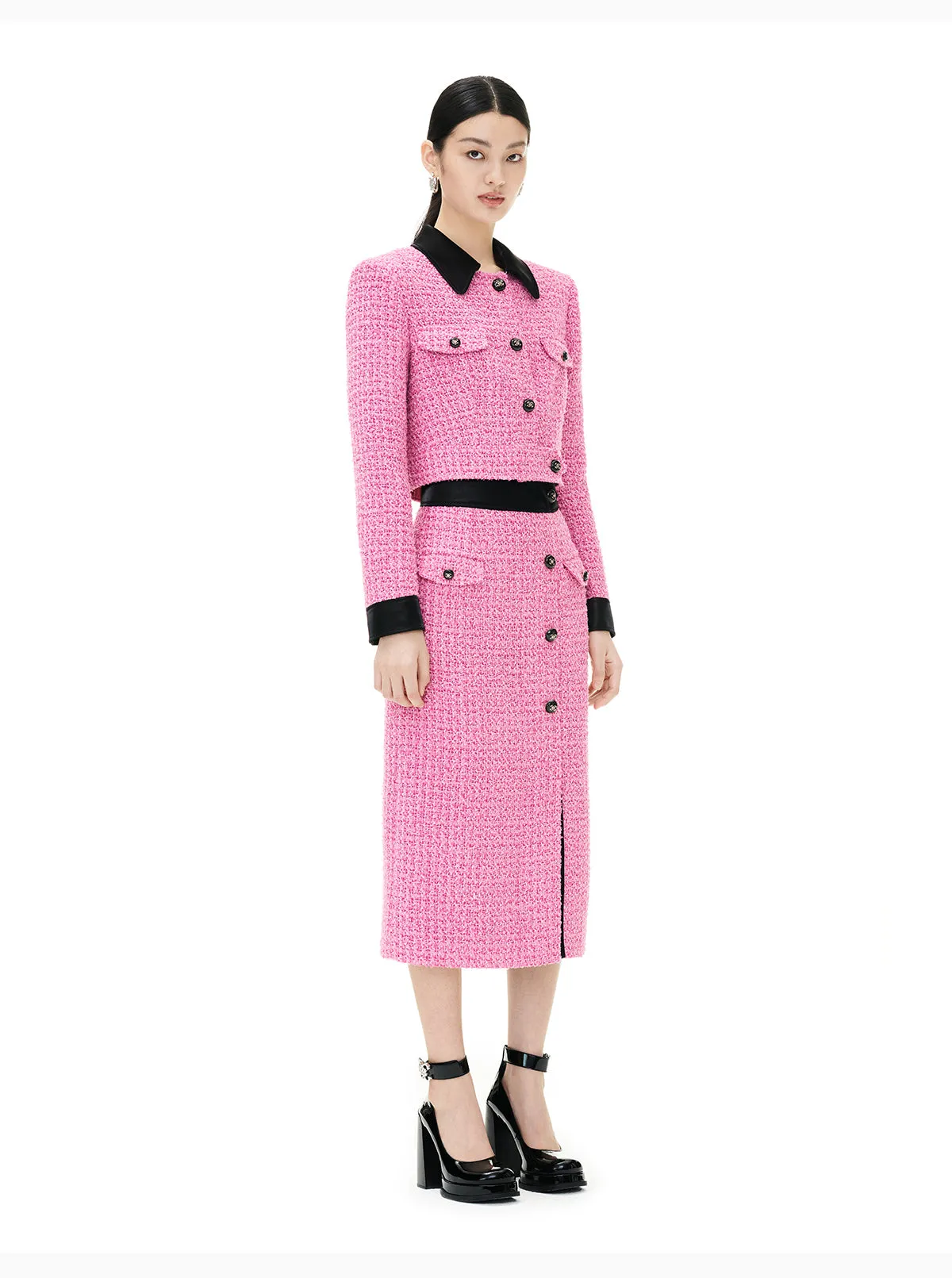 YES by YESIR Barbie pink autumn winter short jacket mini pencil skirt- Tiggan